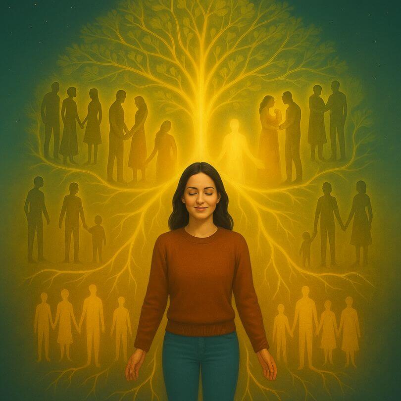Mujer frente a árbol genealógico luminoso: sanar el linaje y ordenar el sistema familiar con Constelaciones del Alma