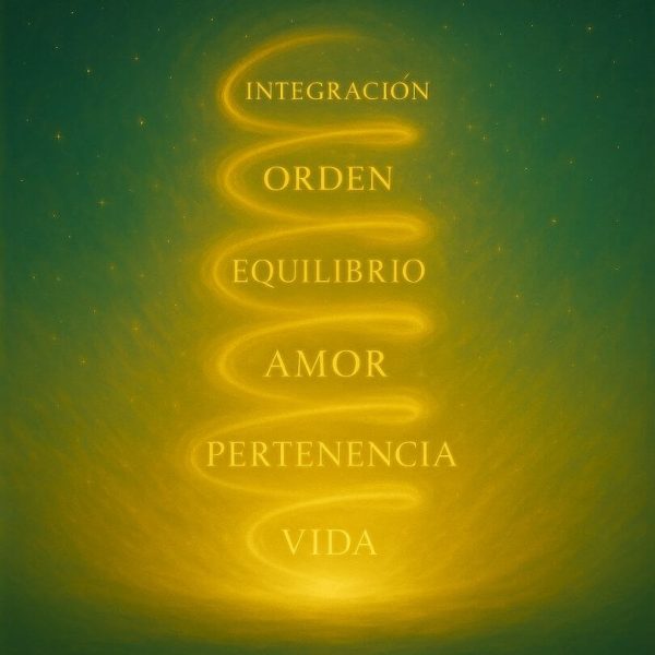Principios de Constelaciones: Integración, Orden, Equilibrio, Amor, Pertenencia y Vida en espiral de luz dorada